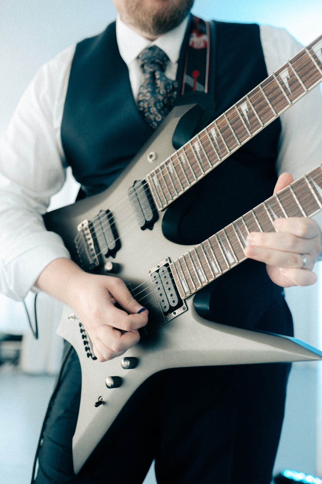 A double neck guitar